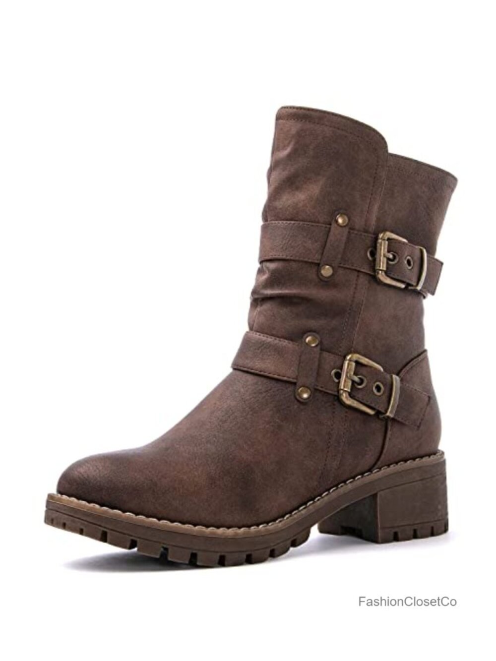 Low Heel Biker Ankle Boots Faux Leather Side Zip